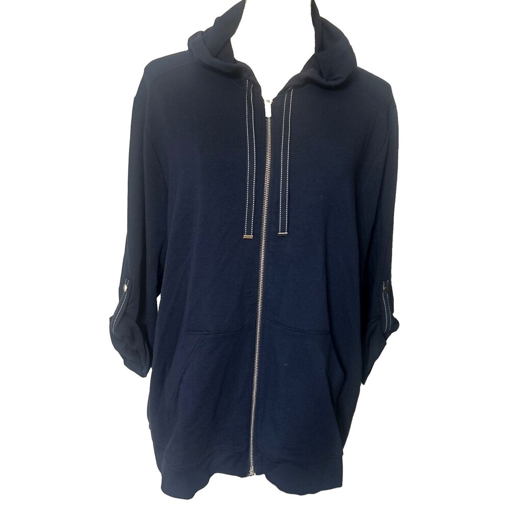 Zenergy By Chico's Women Sz 3 Full Zip Hoodie Navy Blue 3/4 Roll Tab Sleeve